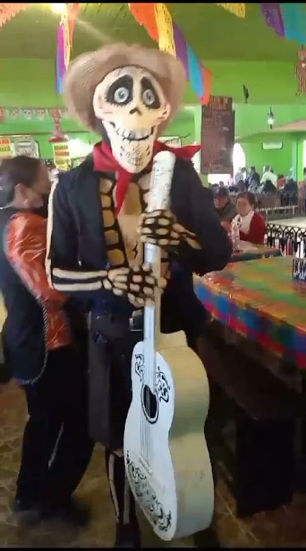 Interior de Cocina Clarita con un plato de mole verde y chilaquiles en la mesa – colores vivos y presentación cuidadosa