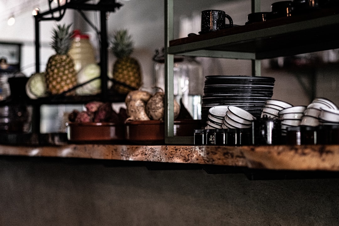 brown wooden shelf with assorted food