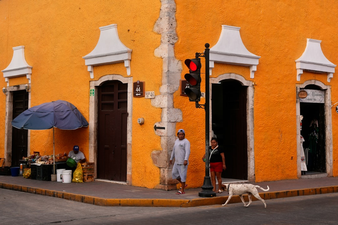 Two people and a dog on a street corner