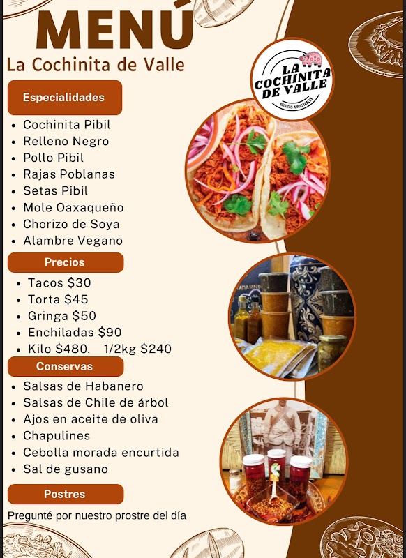 Puerta y puesto de La Cochinita De Valle con la torta de cochinita pibil y tortillas recién hechas