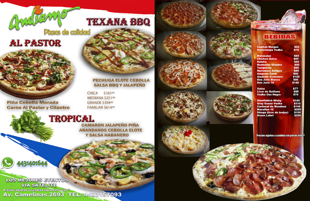 Interior de Andiamos Pizza Zinapécuaro con horno de leña y pizza de chimichurri recién salida